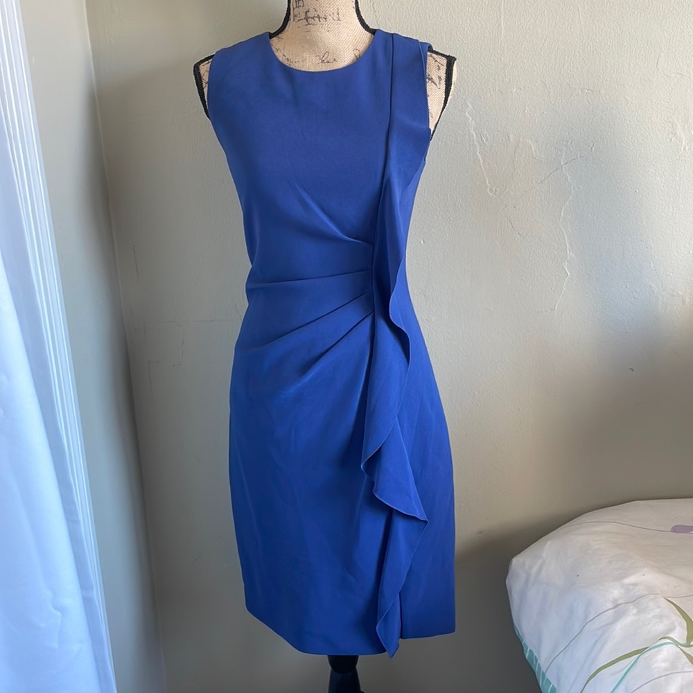 Elie Tahari Blue Sleeveless Dress with Cascading Side Ruffle Size 2